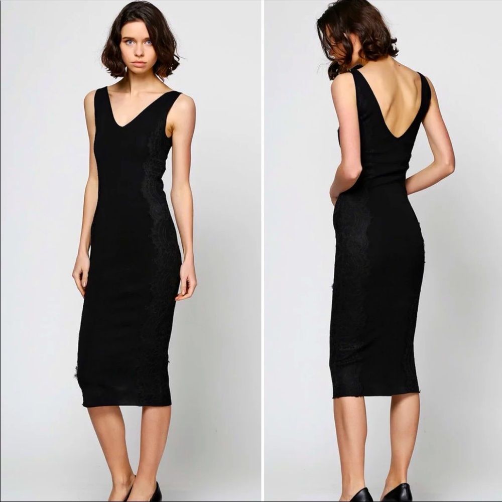 Zara Knit Bodycon Sleeveless Dress Lace-Trimmed V-Neck Midi Black V-Back S